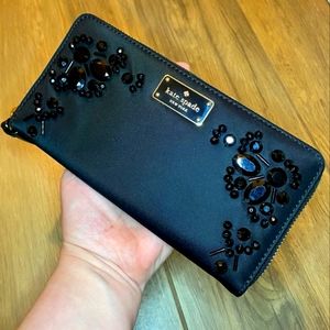 EUC Kate Spade Black Nylon Neda Wilson Road Embellished Zip Around Wallet - HTF